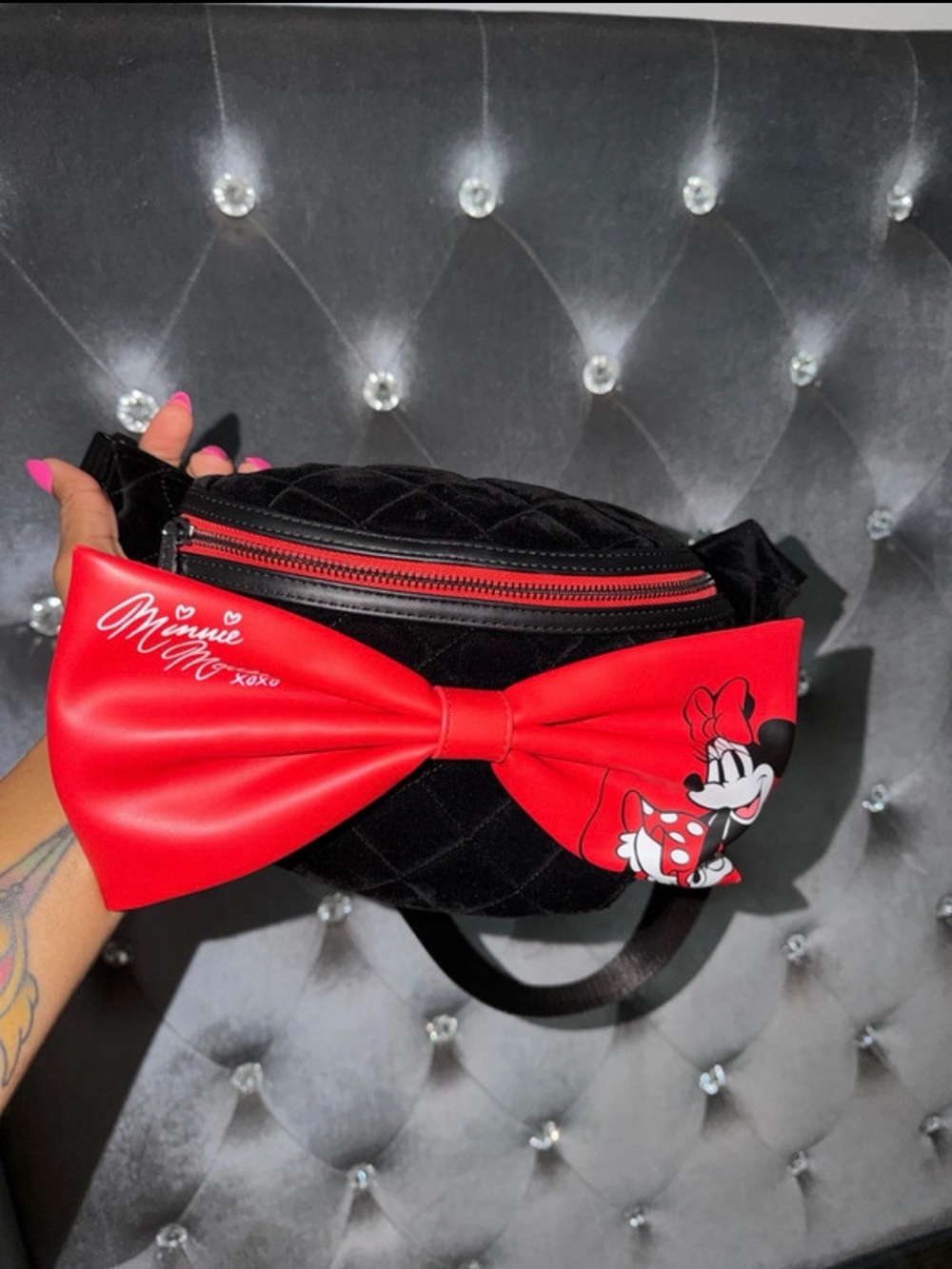 Disney Black Quilted Belt Bag with Red Minnie Bow